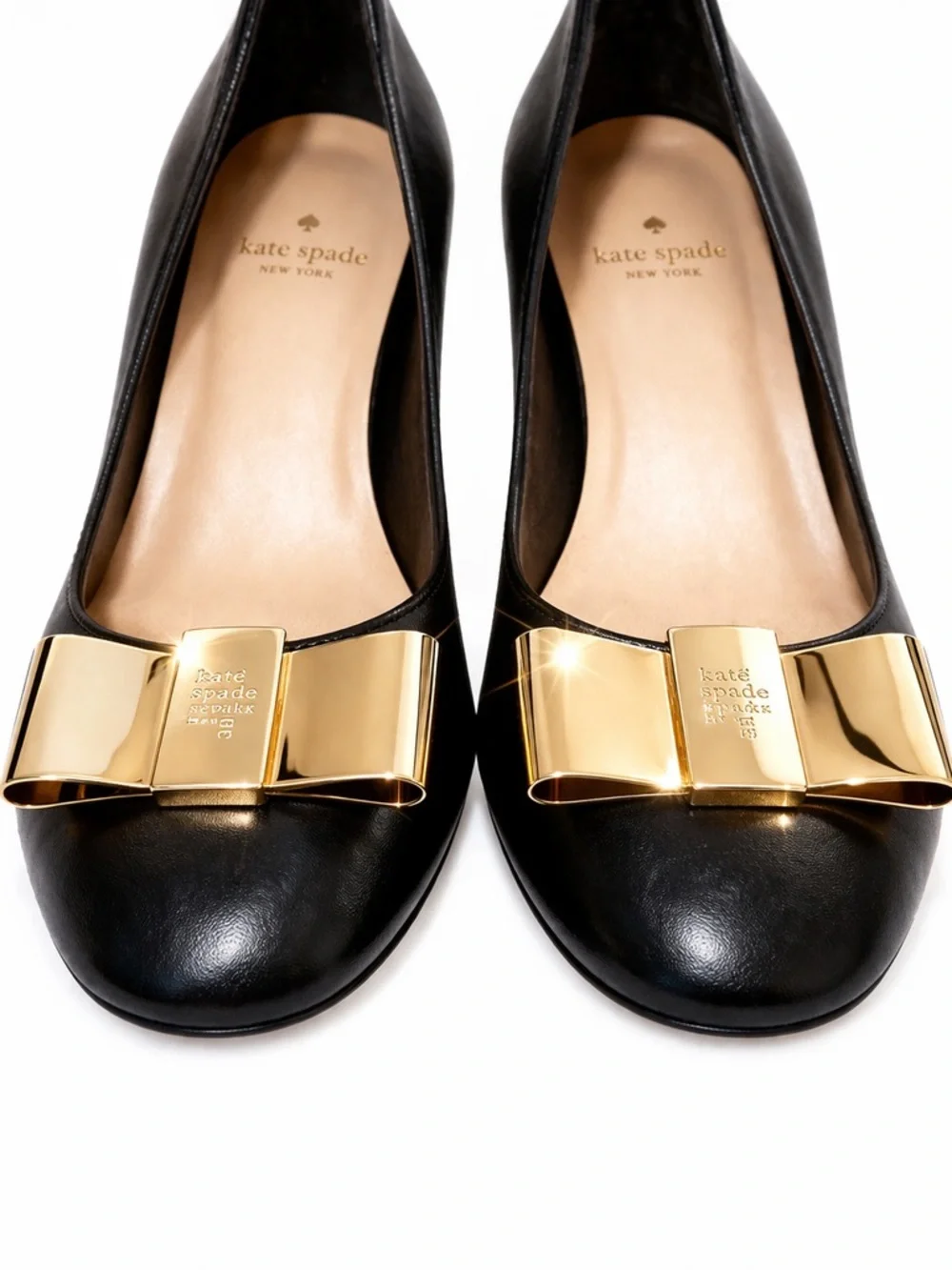 Kate Spade Y2K Black Leather Gold Bow Block Heel Pumps Size 6.5 Classic Preppy - Picture 3 of 8